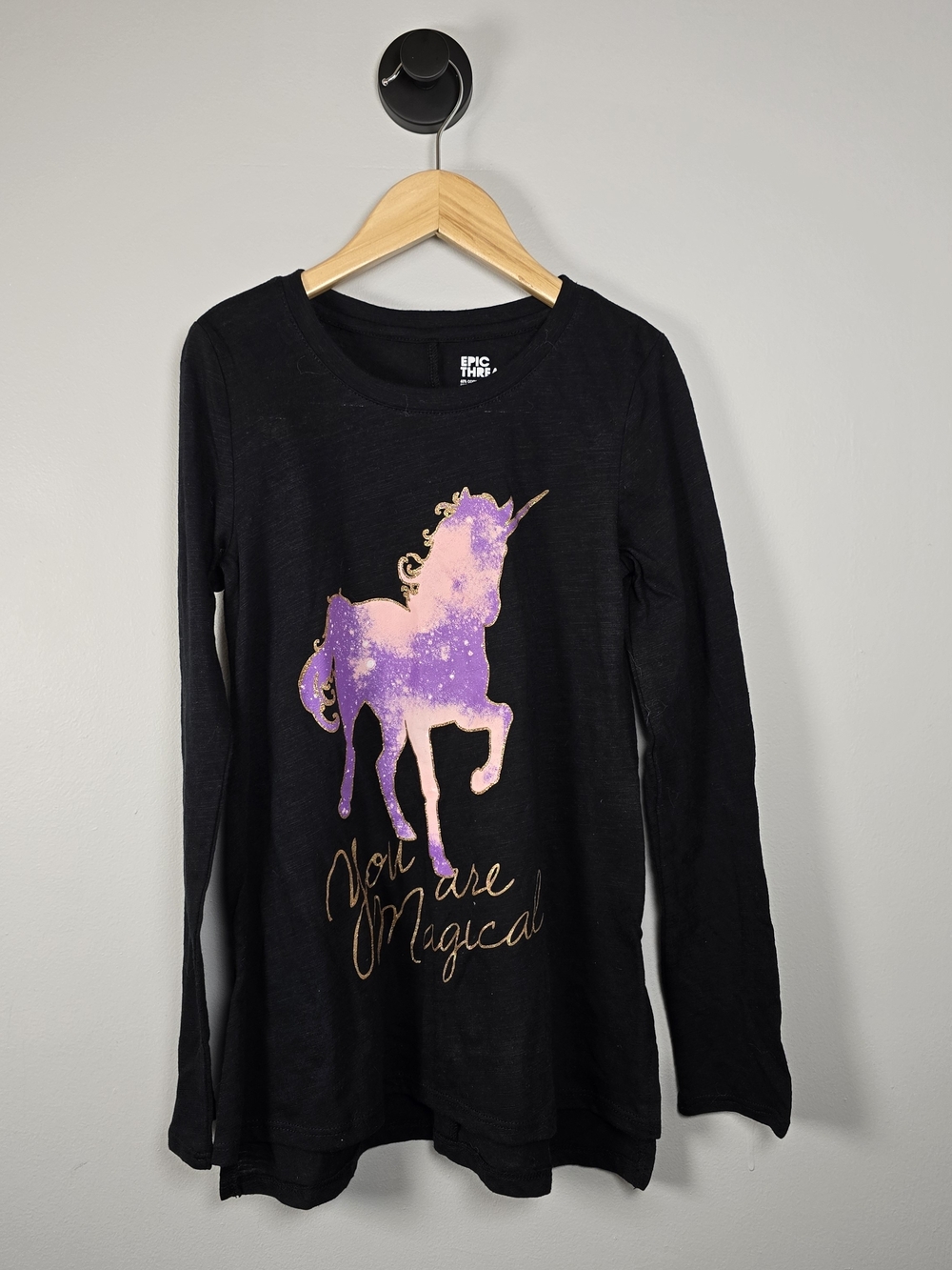 Epic Threads Black Long-Sleeve Top with Pink & Purple Unicorn Graphic